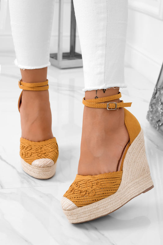 RORY - Yellow embroidered espadrilles with wedges