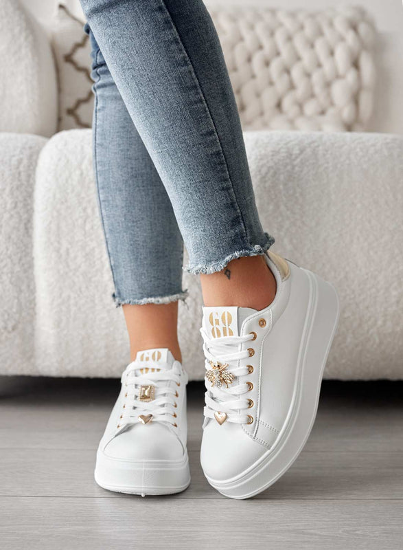 SABINA - White sneakers with jewel applications and gold back