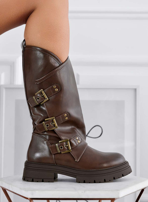 OLGA - Brown biker ankle boots with buckles