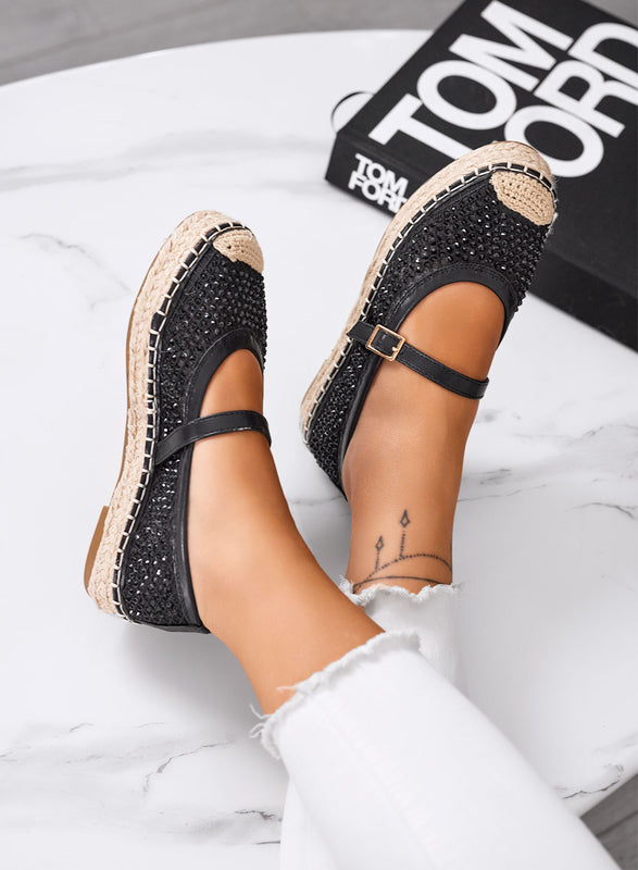 MARIKA - Black espadrilles with rhinestones and ankle strap on rope sole