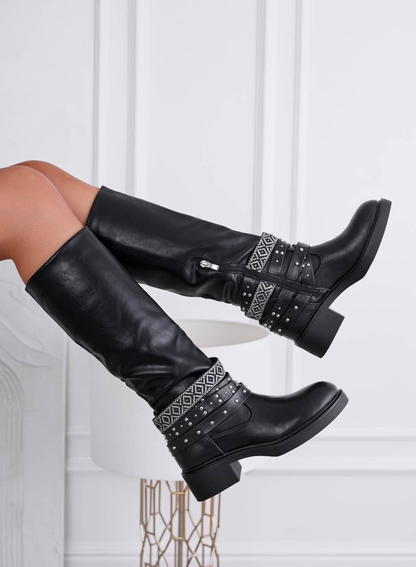 ALINA - Black boots with studs and a patterned strap