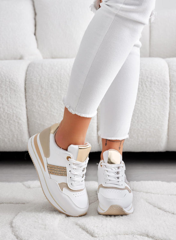 MARGOT - White sneakers with gold inserts and rhinestones