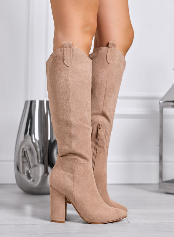 CASSIA - Bottes hautes taupe à talon large et bout pointu