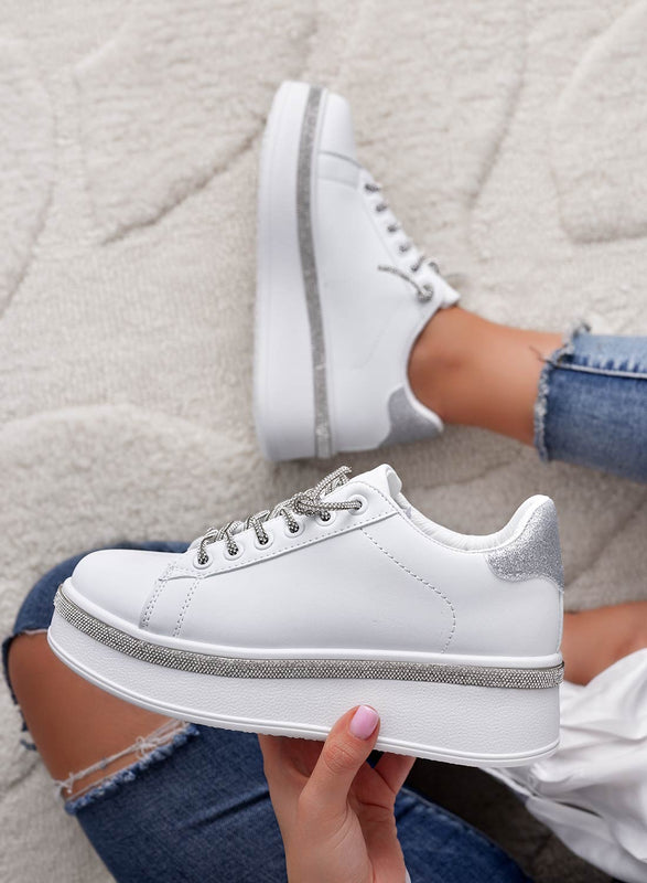 FRANKIE - White sneakers with silver jewel laces