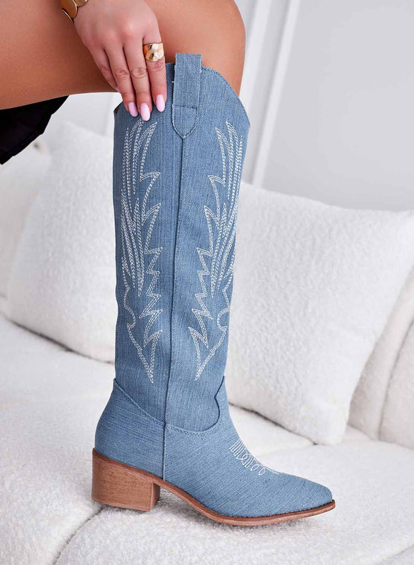 CECILIA - Blue denim camper boots with embroidery