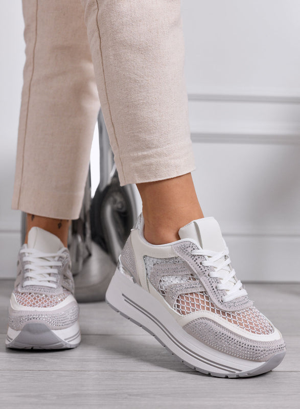 MIRANDA - White Platform Sneakers with Mesh Inserts and Silver Rhinestones