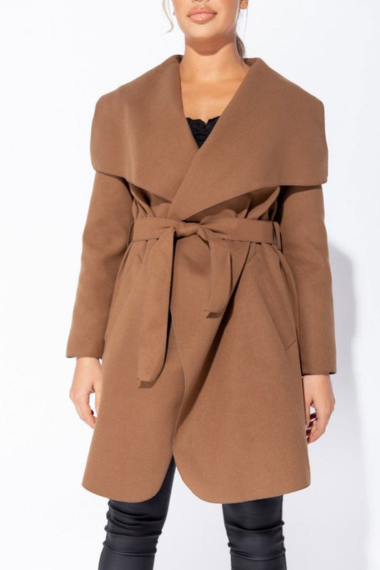 Light brown coat with drawstring waist