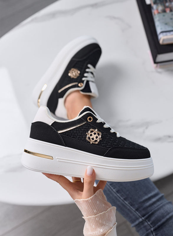 CLARA - Baskets noires à plateforme avec inserts tressés et détails dorés