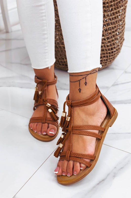 OWEN - Camel flat sandals with fringe pendants