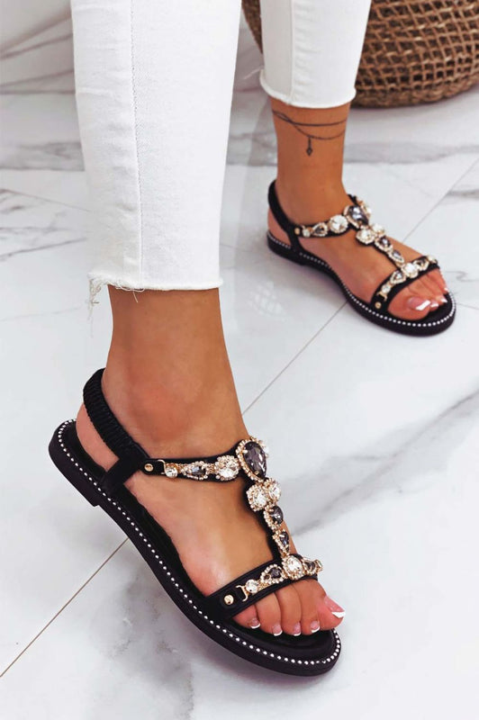 KRISTEN - Black flat sandals with rhinestones