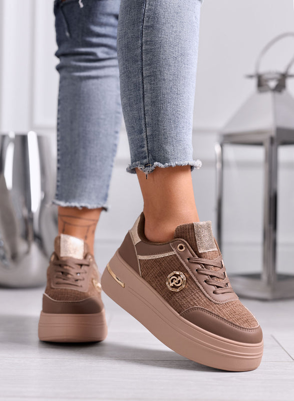 CARLA - Brown Platform Sneakers with Gold and Glitter Details