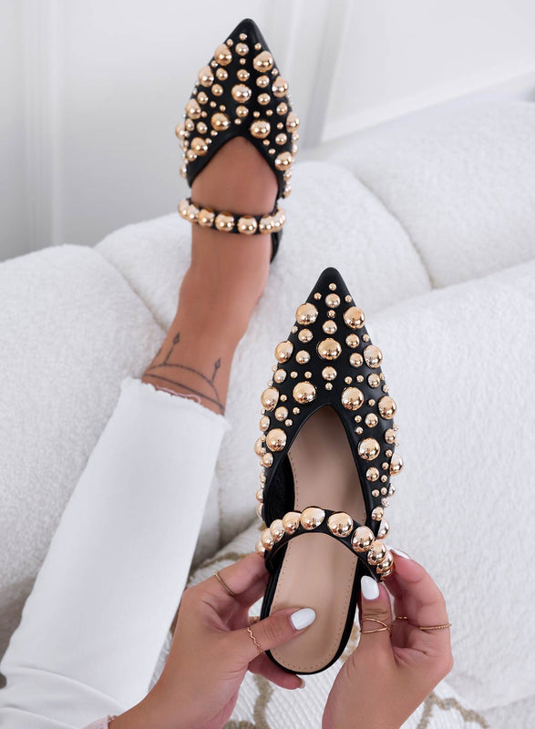 WILDA - Pointed black mule ballet flats with ball studs