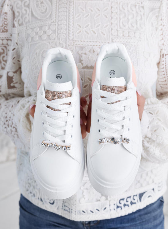 DELIA - White sneakers with jewel application and pink back