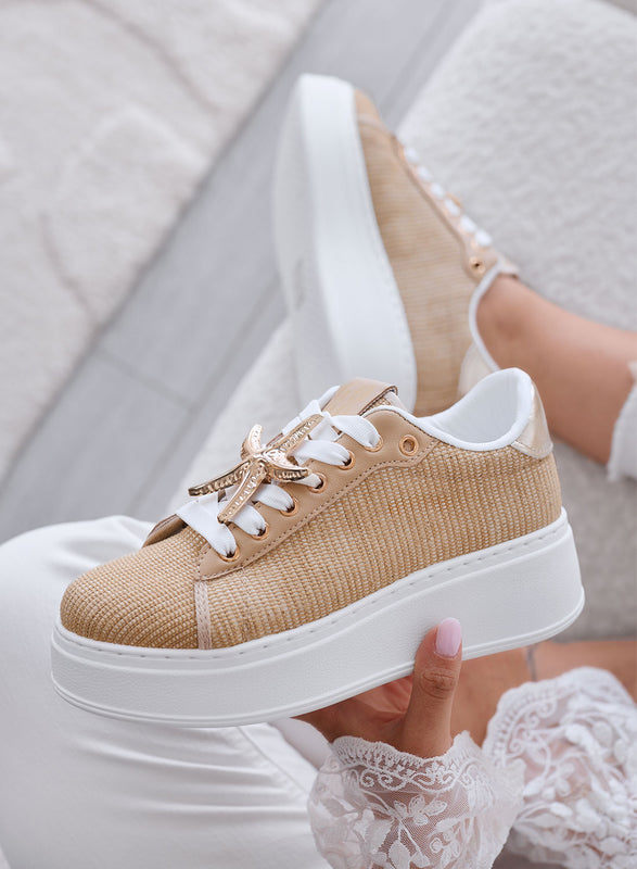 LINDA - Beige sneakers with gold jewel embellishments and platform sole