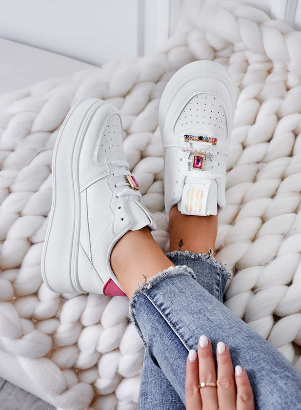 PETRA - White sneakers with jewel applications and fuchsia back