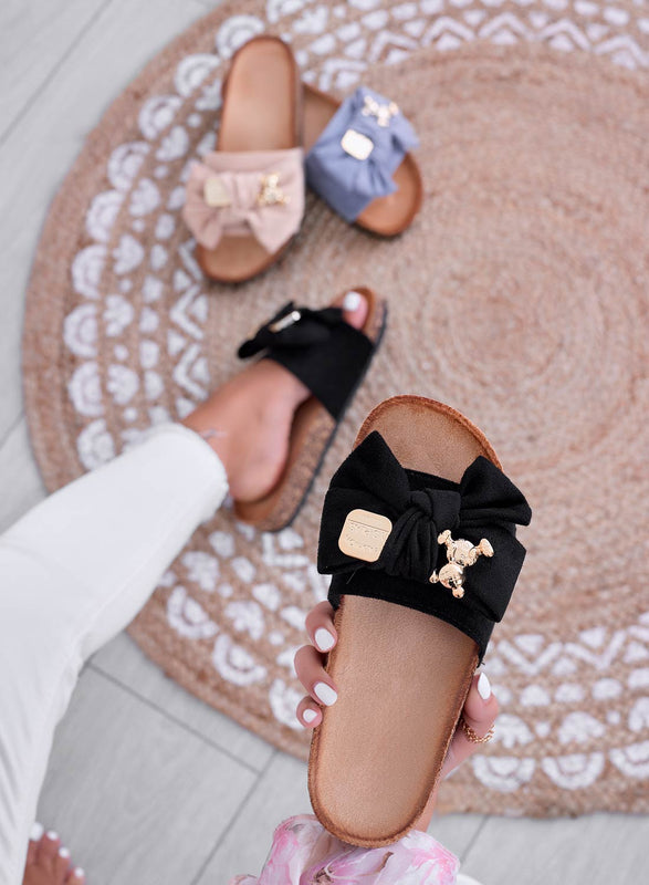 MARINA - Black slipper sandals with bow and gold teddy