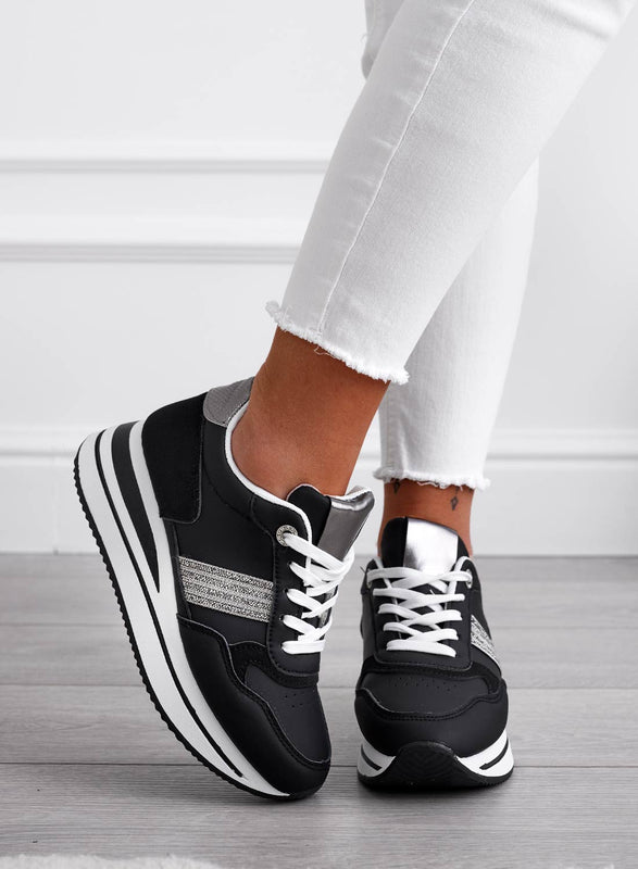 MARGOT - Black sneakers with silver inserts and rhinestones