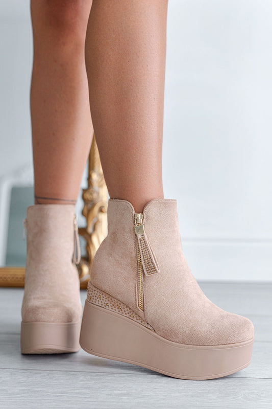 MARGHERITA -  Alexoo beige ankle boots with wedge and rhinestones
