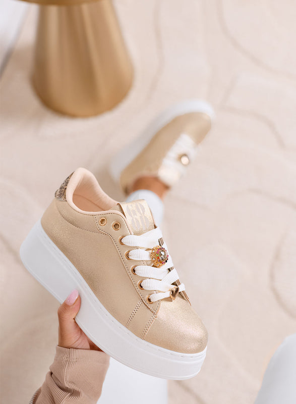 CETTY - Gold sneakers with jewel charms and white platform sole