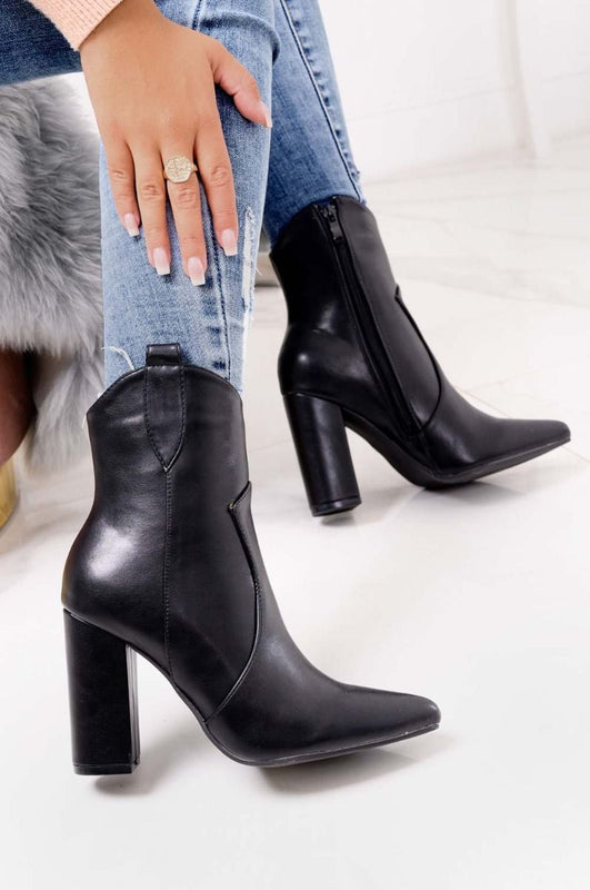 AGNESE -  Black faux leather cowboy ankle boots with heels
