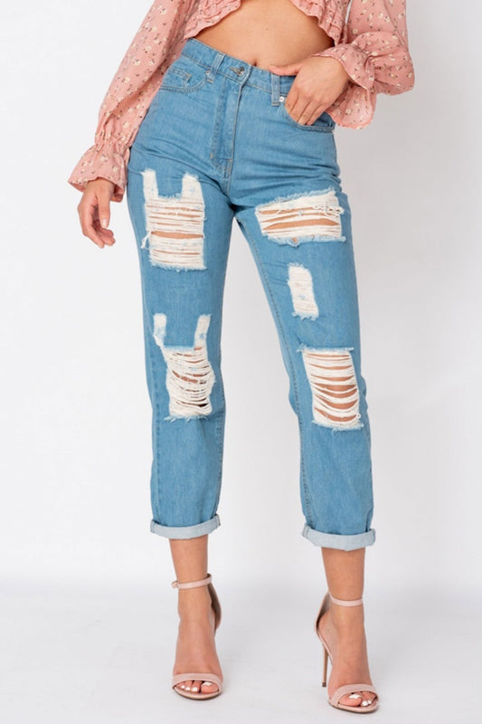 Blue baggy jeans trousers with rips