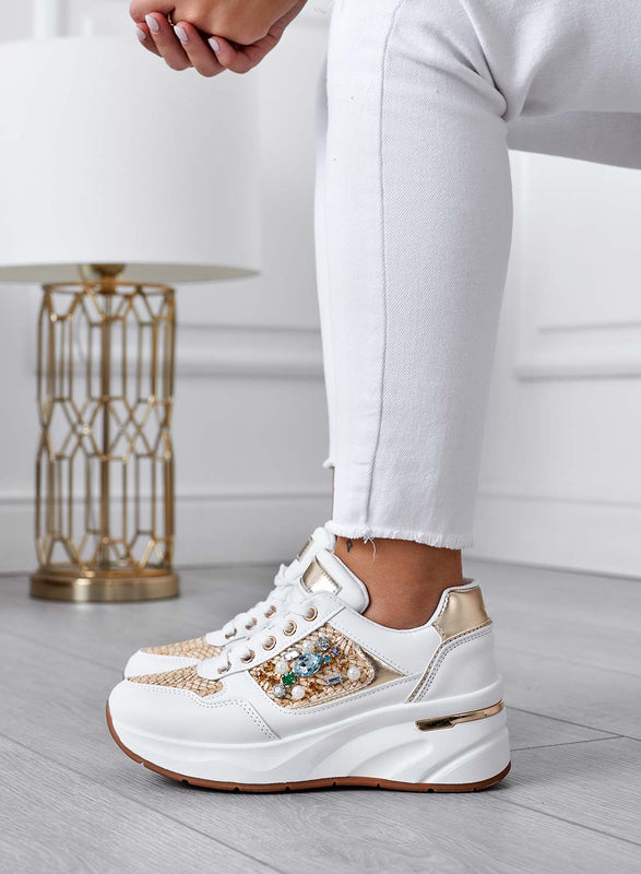 COOPER - White sneakers with fabric and jewel inserts