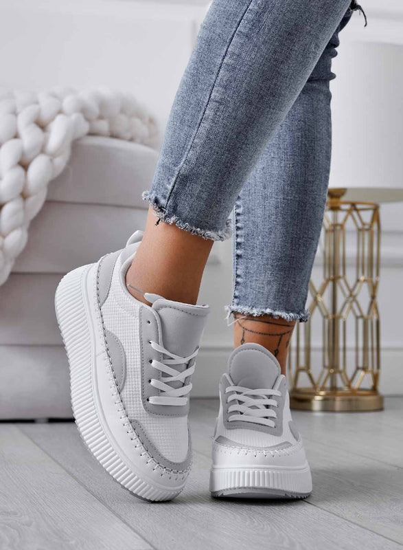 ANNACHIARA - White sneakers with gray fabric inserts and wedge