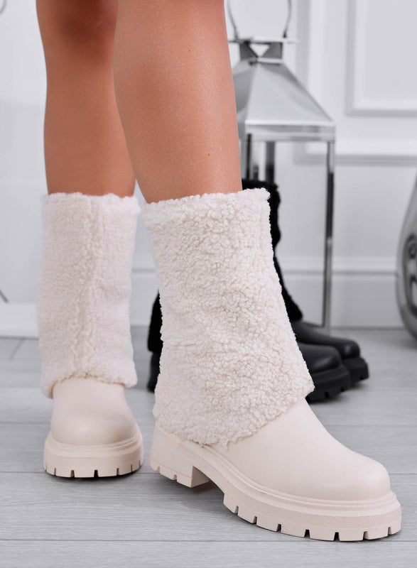 FAITH - Beige ankle boots with faux fur cuff