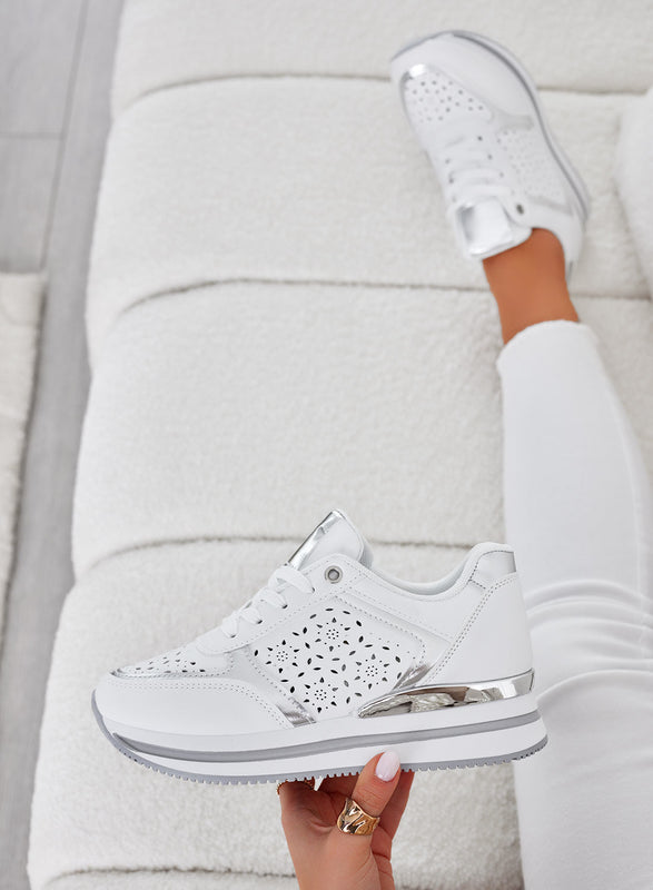 MINA - White perforated sneakers with silver inserts