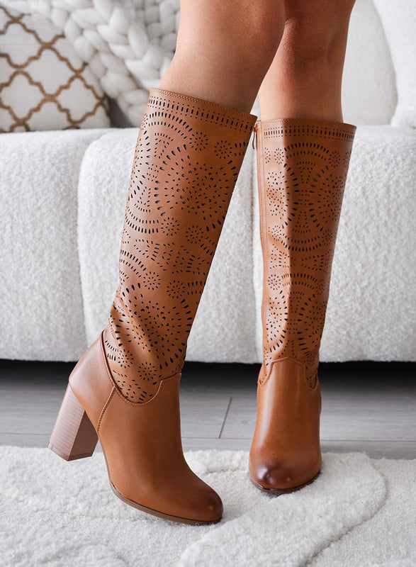 DEREK - Perforated camel boots with comfortable heel