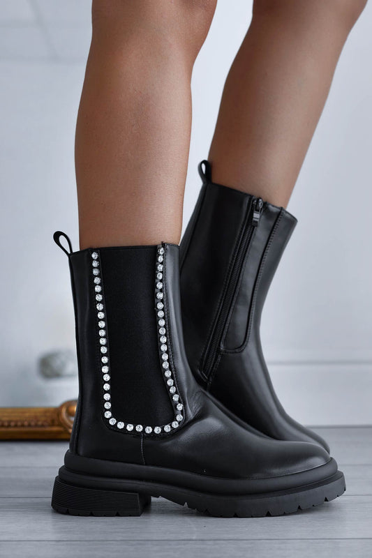 GIRONA - Black ankle boots with elastic and rhinestone border