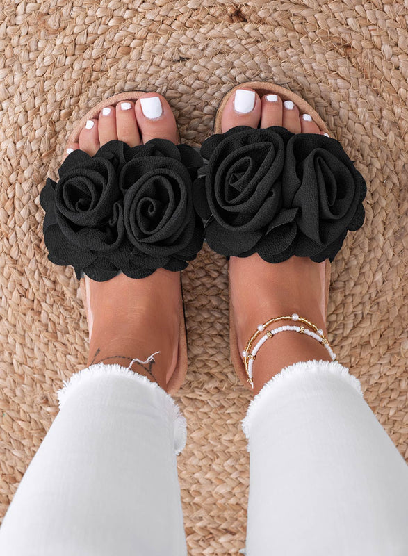 SUMMER - Black slide sandals with applied flowers