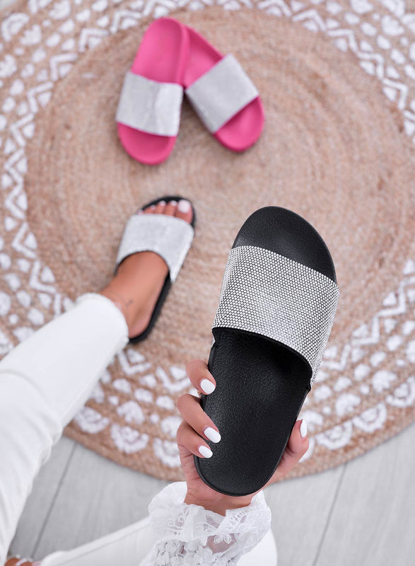 BECKY - Sandales mules noirs avec bande en strass