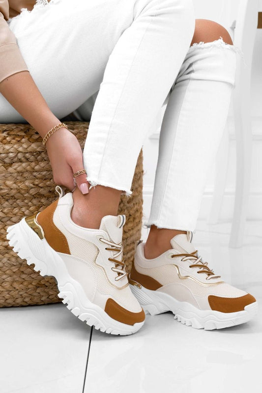 HENRY - White sneakers with camel and gold details