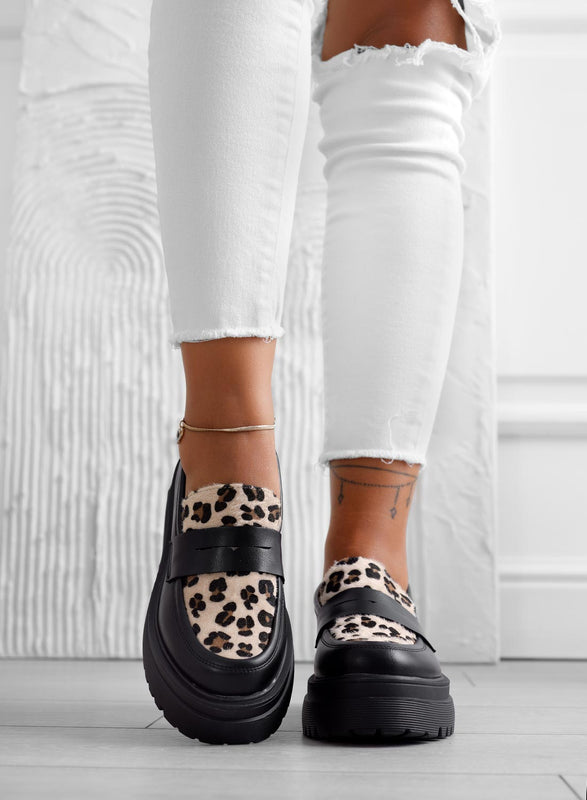 Mocassins noirs avec empiècements à motif léopard
