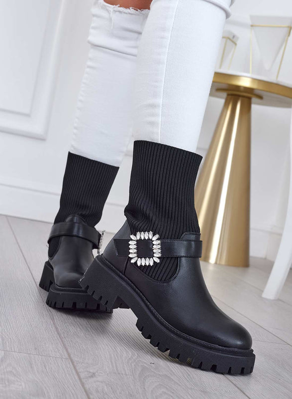 MINERVA - Black ankle boots in fabric with jewel buckle