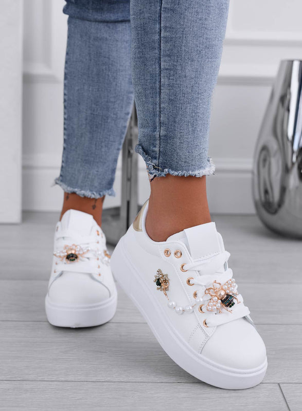 LILIANA - White sneakers with gold back and jewel bee application