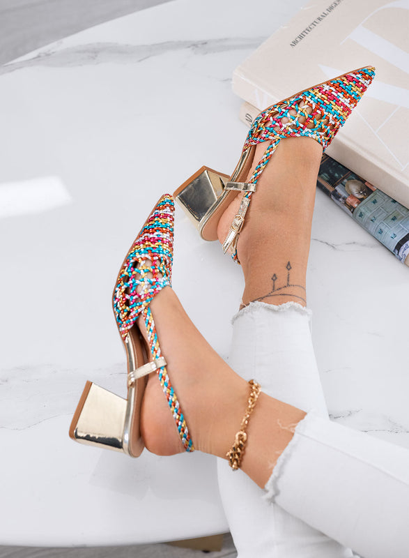 NICOLE – Multicolor pointed-toe woven pumps with ankle strap and gold block heel