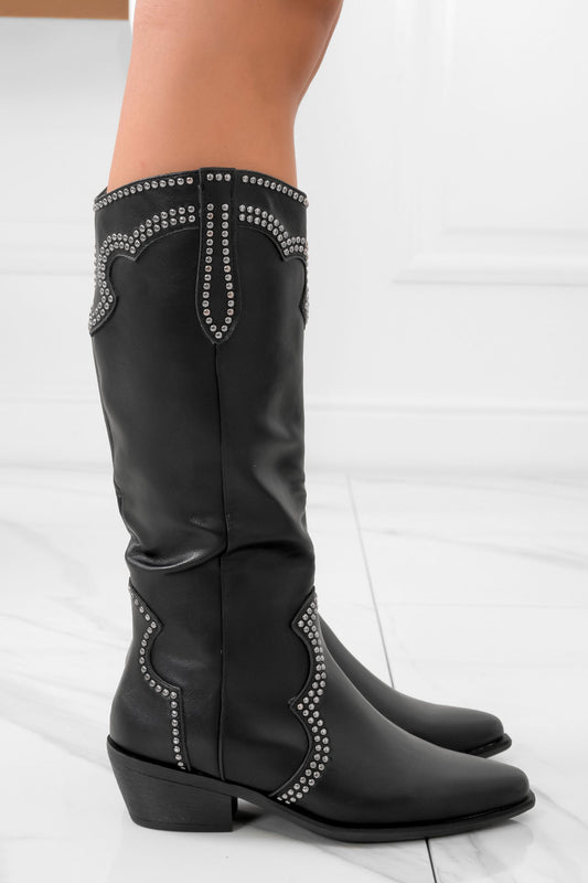 TRINITY - Black cowboy boots with studs