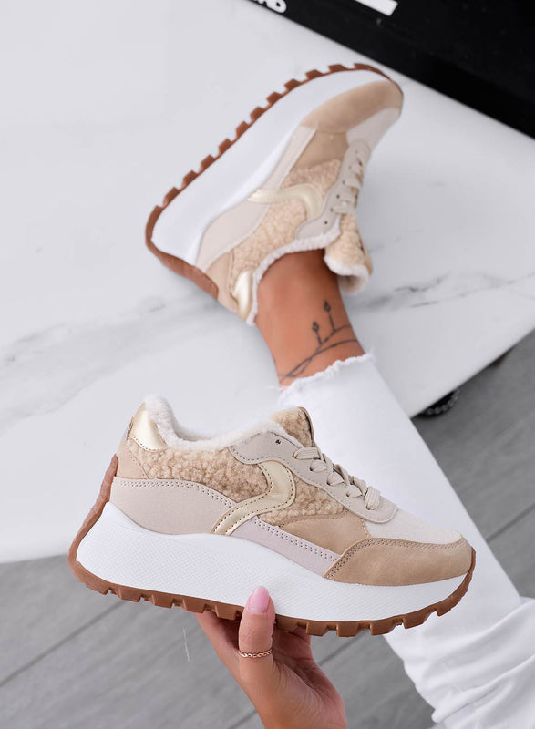 JORAS - Beige sneakers with faux fur inserts