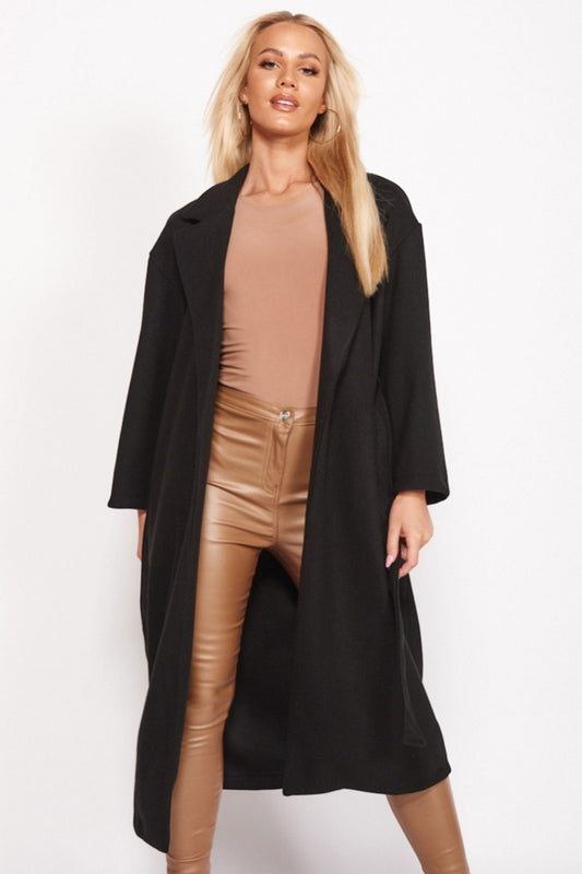 Black long coat with waist drawstring