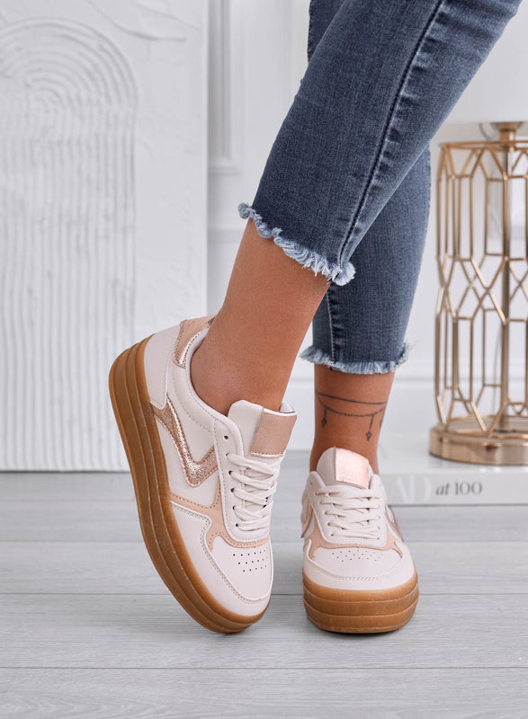 Sneakers beige con inserti champagne laminati e suola in gomma