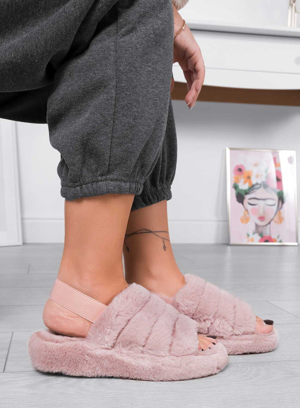 KEIRA - Chaussons roses en fausse fourrure avec élastique