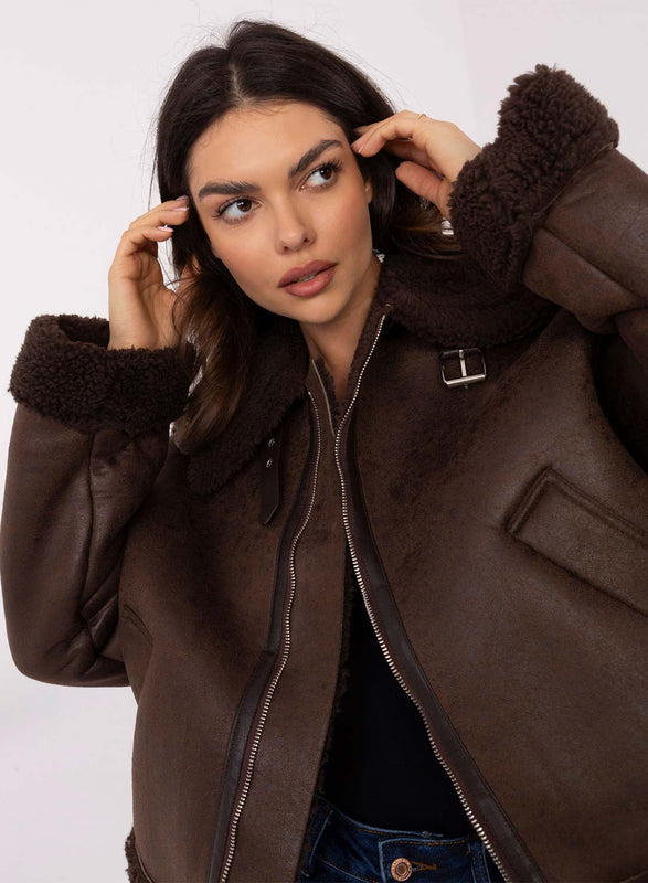 Brown shearling jacket with faux fur
