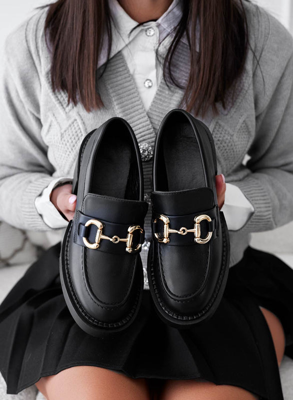 LIMA - Black platform loafers with gold buckle