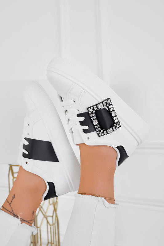 PLEASE - White jewel sneakers with black contrasting band