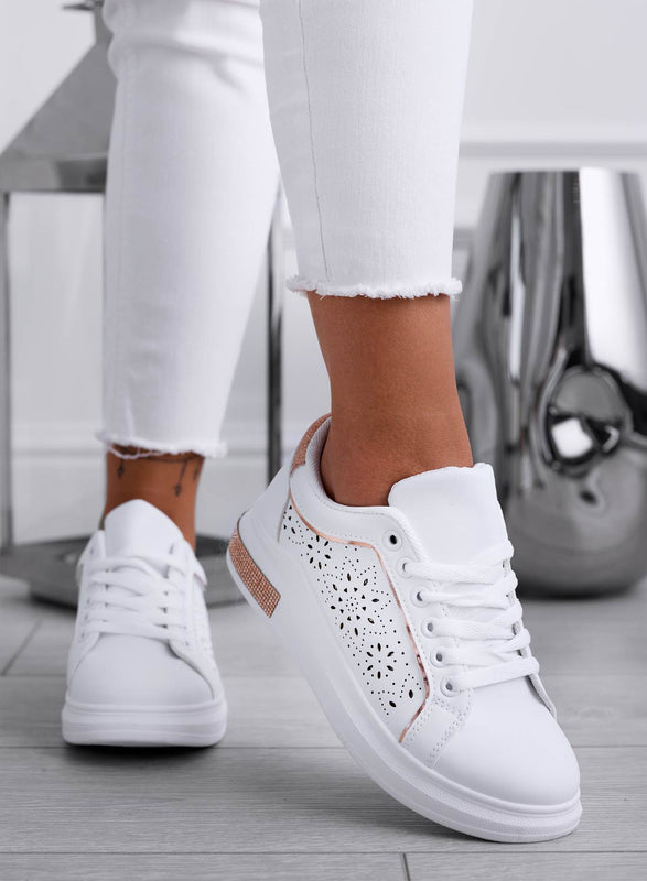 ALBA - White perforated sneakers with rose gold glitter