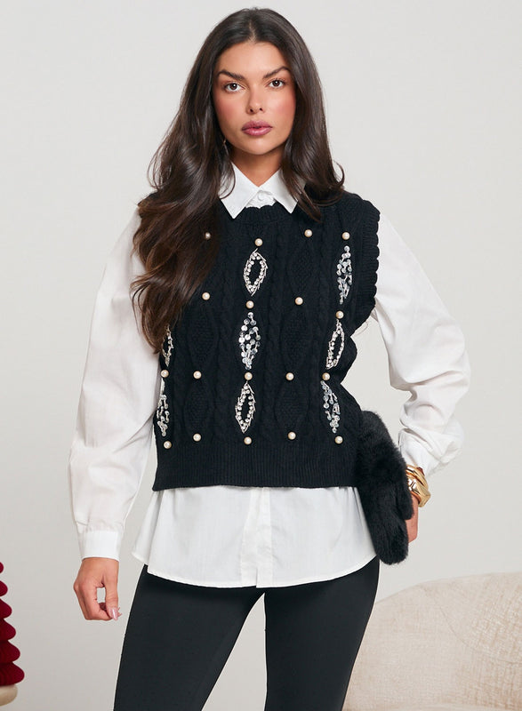 Camicia bianca con gilet nero  decorato con paillettes e perline