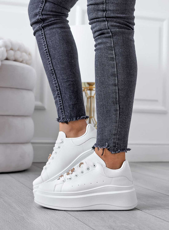 EVELIN - White sneakers with gold applications and wedge