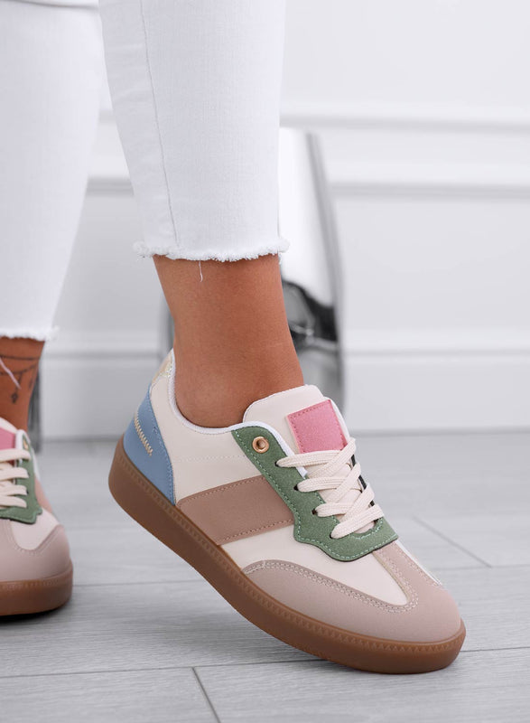 NADINE - Beige sneakers with contrasting panels and rubber sole